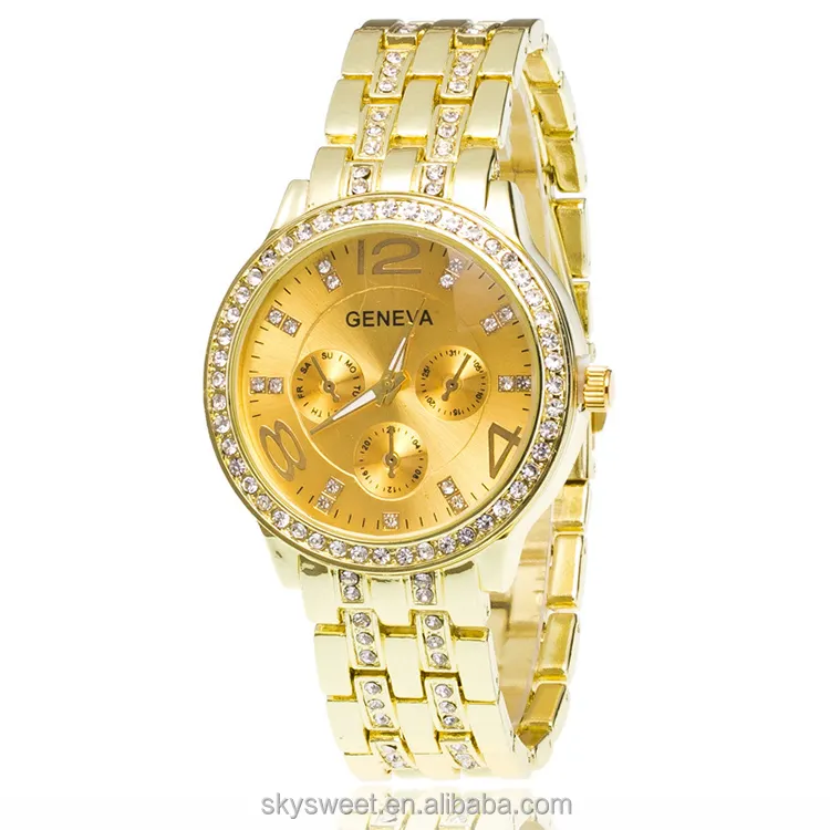SWTM1060 Latest Gold Crystal Stainless Steel Band Watch Three Eyes Geneva Men Lady watch