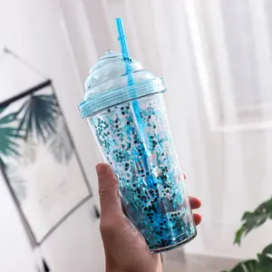 새로운 여름 대형 소녀 아이스크림 스팽글 밀짚 물 한국 이중 플라스틱 귀여운 주스 음료 컵