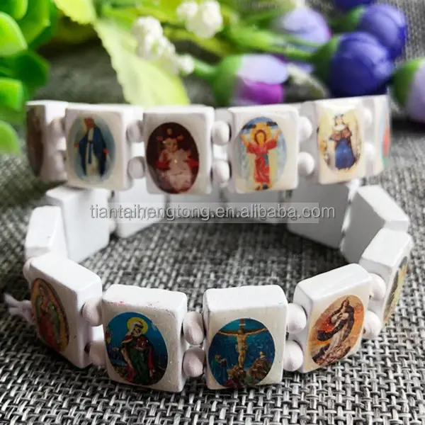 12 Cái/gói Gỗ Mân Côi Bracelet Với Tôn Giáo Saints Biểu Tượng Bangle Trắng Đen Nâu Hỗn Hợp Màu Sắc Có Sẵn