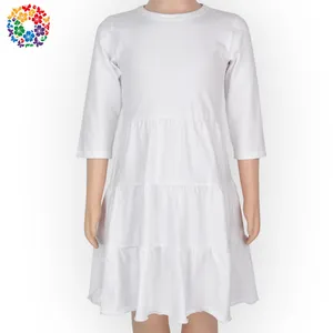 Hot New Model Solid Plain White Color Girl Dress 3 Layers Joint 3 Year Old Girl Dresses Fall 3/4 Sleeve Little Girl Cotton Dress