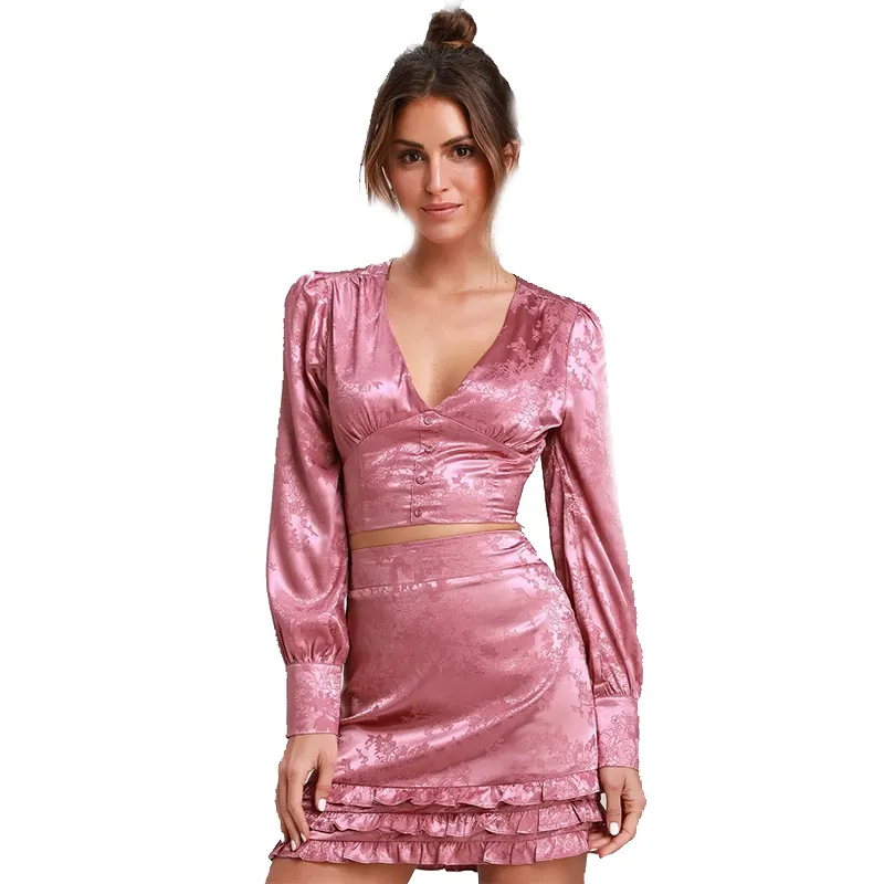 Lankai lino moda sexy elegante stampa maniche lunghe a sbuffo raso rosa aderente abiti da festa donna