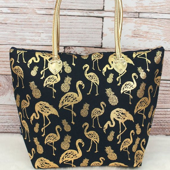 En gros Métallique Or Flamant rose Grande Toile Plage Sac Fourre