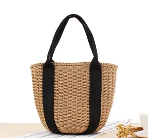 Summer straw paper bag black ribbon bucket beach bag for women