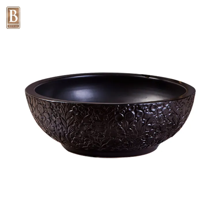 Sanitary Ware Round Black Bathroom Bowl Sink Embossed Art Ceramic Hand Wash Basin