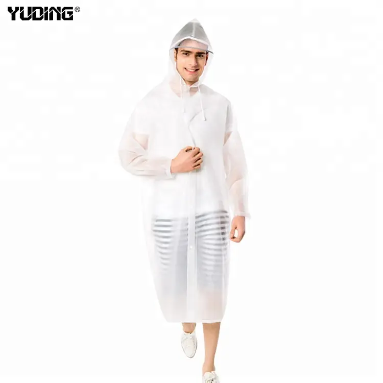 reusable good quality breathable transparent plastic rain coat hooded with reflective stripes