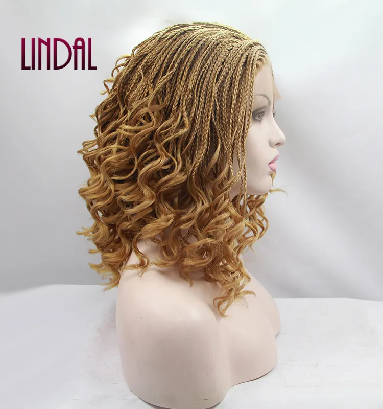 LINDAL Short Curly Braided Afro Women Weave Synthetic Blonde Curly Braid Lace Front Hair Wig