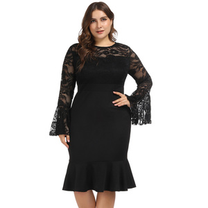 Abito Sexy a Sirena con Maniche Lunghe a Campana, Collo Tondo e Inserti in Pizzo, Taglie Forti per Donne - Product Image 1