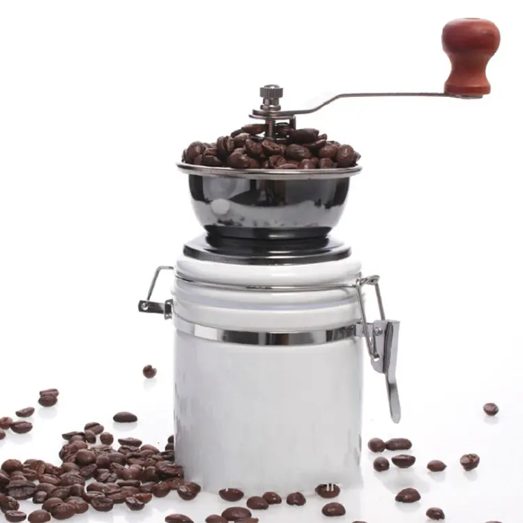 Moulin à café porcelaine en acier inoxydable, nouveau produit moulin à café manuel ajustable en céramique, bavette en céramique,