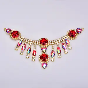 155*60mm Sewing Red AB Glass Crystal Rhinestone Trim Chain Strass Buckle Crystal Applique Connector Metal Trimming