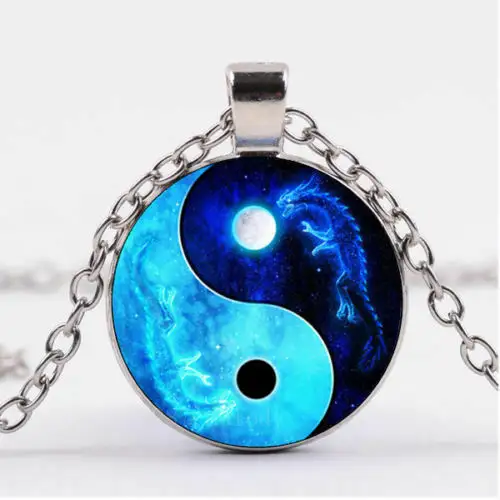 Cabochon Silver Glass Necklace pendant Dragon moon yin yang Jewelry