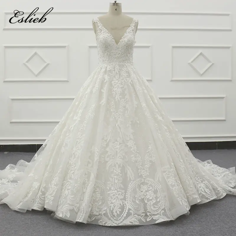 2019 Luxus Amanda Novias Brautkleid mit breitem Riemen Elfenbein Pailletten Brautkleid