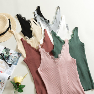 Nuova maglietta con maglia <span class=keywords><strong>senza</strong></span> <span class=keywords><strong>maniche</strong></span> da <span class=keywords><strong>donna</strong></span> in pizzo a fiori con cuciture a V - Product Image 1