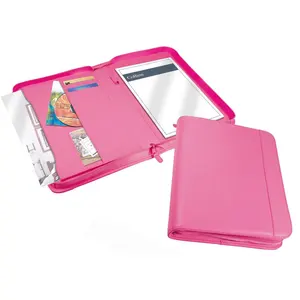 Pink Zip A4 Conference Folder Business Documents Organizer Womens Leather Portfolio
