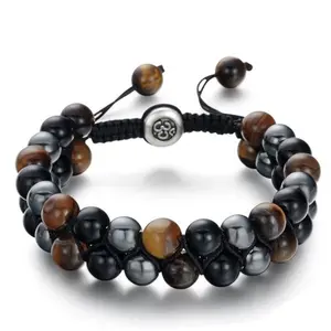 DY Tiktok Onyx Tiger Eye Hematite Macrame Bracelet for Men 2 Row Natural Stone Beads Wrap Bracelet Best Seller Black CLASSIC