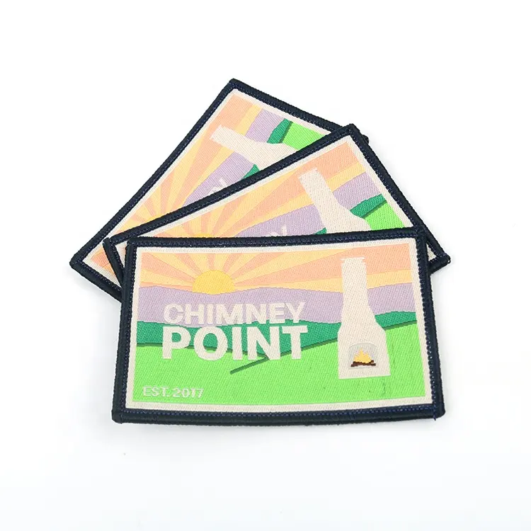 Milieuvriendelijke Ijzer-op Sticker Backing Geweven Patch Maker Custom Sunrise Kleurrijke Machine Naam Badges voor Uniformen