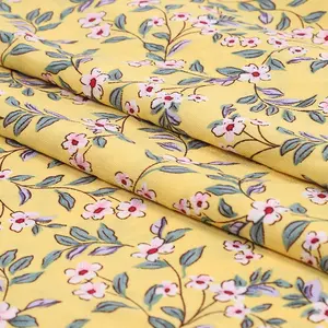 China Lieferant Nach Muster Gelb Floral Blätter Drucken Polyester Elastische Crepe Stoff