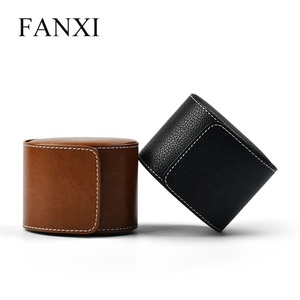 Fannxi — boîte de <span class=keywords><strong>montre</strong></span> en cuir PU noir, personnalisée, boîte à bijoux ronde à coudre, emballage marron - Product Image 3