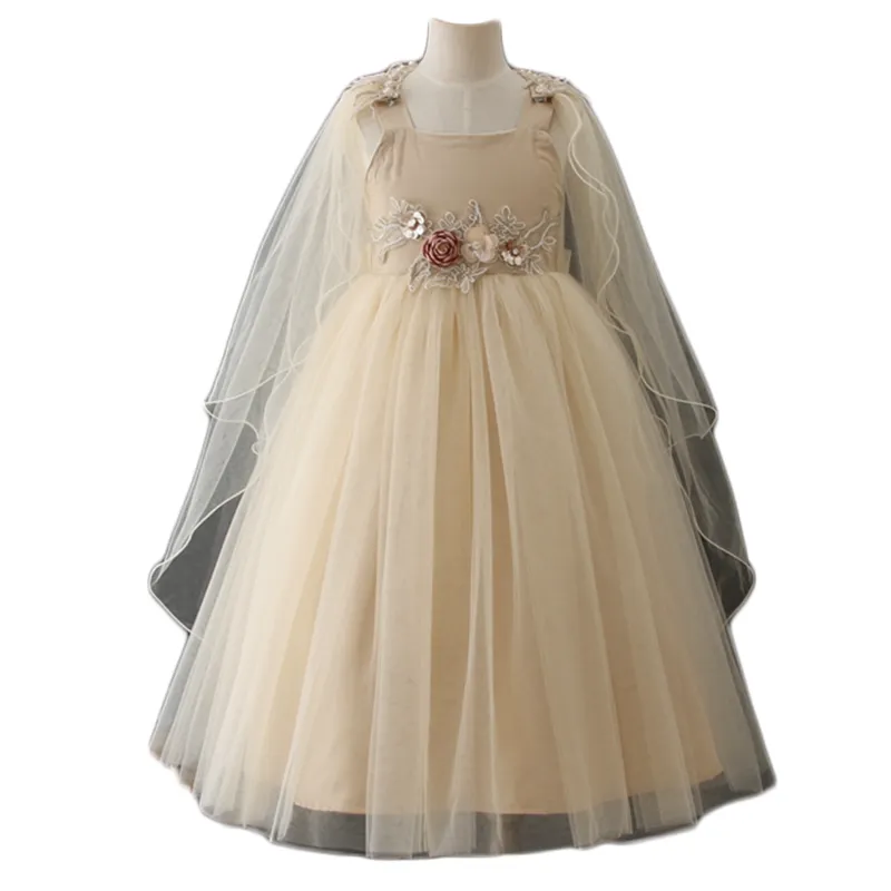 Robe de soirée pour filles de 2 à 12 ans, tenue d'été, motif fleuri couleur Champagne, nouveau modèle,