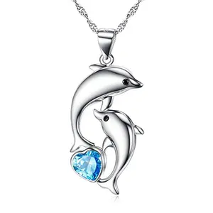 爱情符号饰品纯925纯银心形锆石可爱双海豚吊坠项链