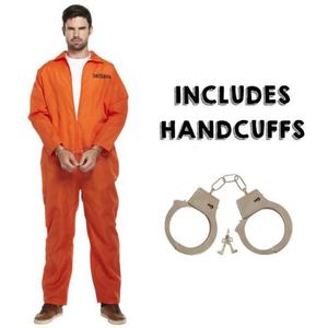 Mens Prisoner Convict Costume Halloween Fancy Dress Stag Party Overall Jumpsuit KS1166