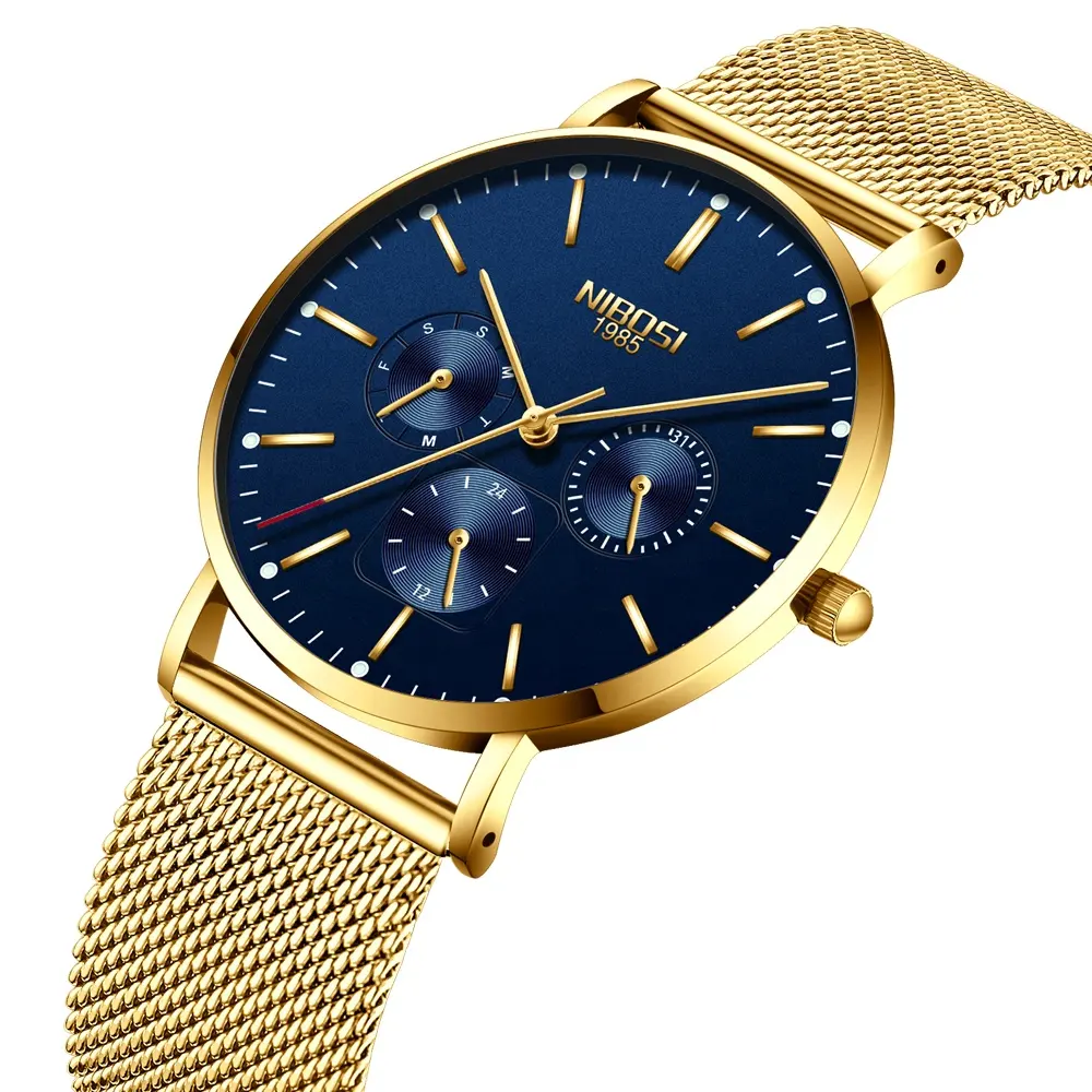 NIBOSI นาฬิกาแฟชันสำหรับผู้ชาย2321-1,นาฬิกาควอตซ์สายบางพิเศษสายรัดตาข่ายนาฬิกาแบบขายส่งจากโรงงาน