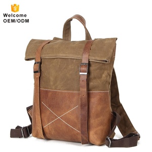 LOW MOQ Waterproof Genuine <strong>Leather</strong> Roll Top Travel Laptop Custom Logo Wholesale <strong>Black</strong> Men Vintage Canvas <strong>Backpack</strong> - Product Image 2