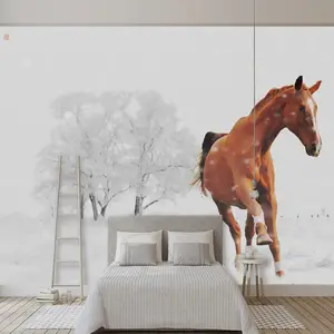 Drop Shipping Handgemalter Baum mit Brown Horse Wallpaper Lieferanten China Luxury Wallpaper Wasserdichte Wallpaper