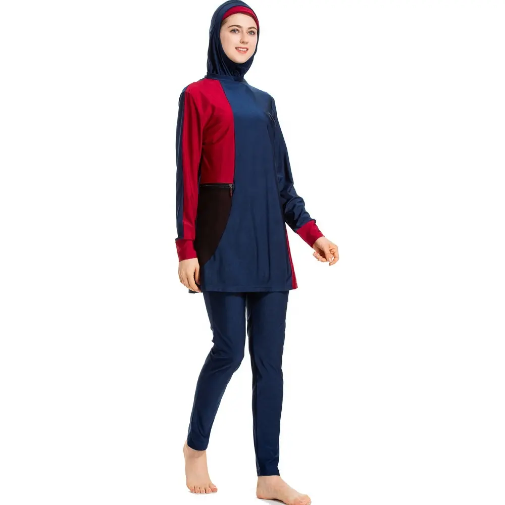 Setelan Baju Renang Muslim Wanita, Atasan Berkerudung Dan Celana Polos Ritsleting, Perca, Warna Polos