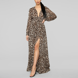 2019 nueva llegada verano europeo moda mujer cuello v manga larga maxi <span class=keywords><strong>vestido</strong></span> de <span class=keywords><strong>leopardo</strong></span> - Product Image 5