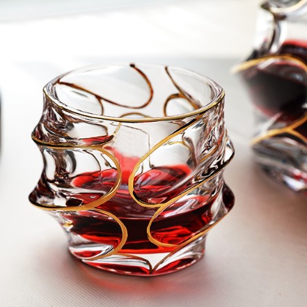 5 Piece Lead-Free Crystal Gold Rim Whiskey Decanter Set in Leather Gift Box with 4 Glasses