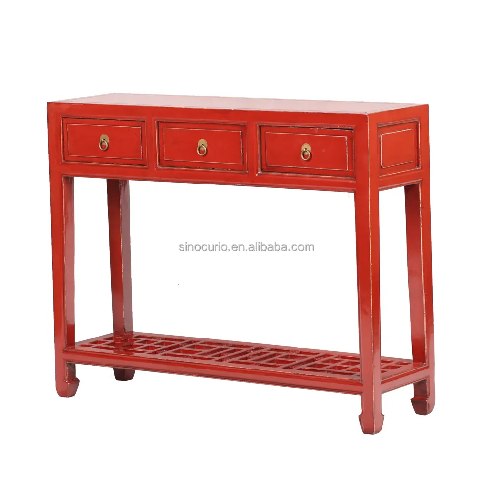 Console chinoise antique à trois tiroirs, table rouge en bois
