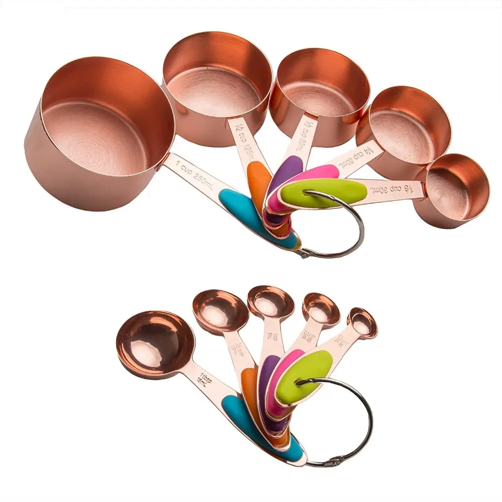 Household kitchen cooking baking tools gadgets rose gold color stainless steel measuring cups and measuring spoons set of 10