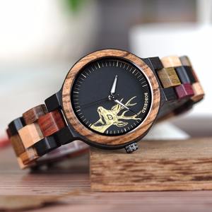 Urgentorder jam tangan kayu multiwarna wanita, jam tangan wanita kayu permukaan jam kepala rusa 45mm Quartz pesona gaya mode - Product Image 4