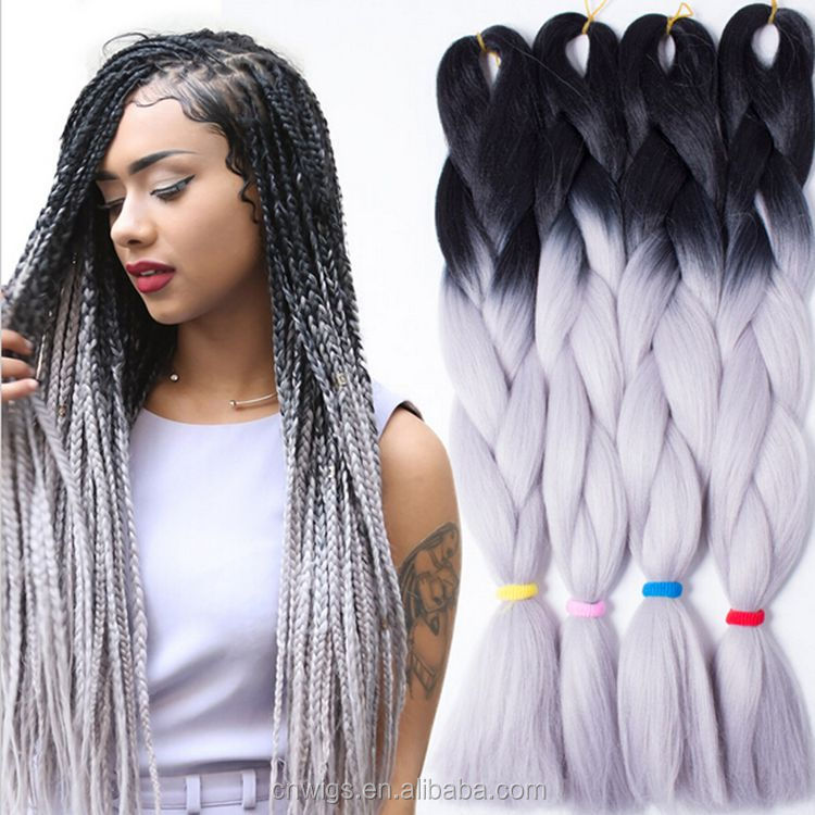 Xuchang Harmony Synthetische 2 Tone Ombre Kleuren Jumbo Vlechten Haar Voor Dreadlocks Grijs Voorraad 8 Packs Blacklight Aanvaardbaar 24Inch