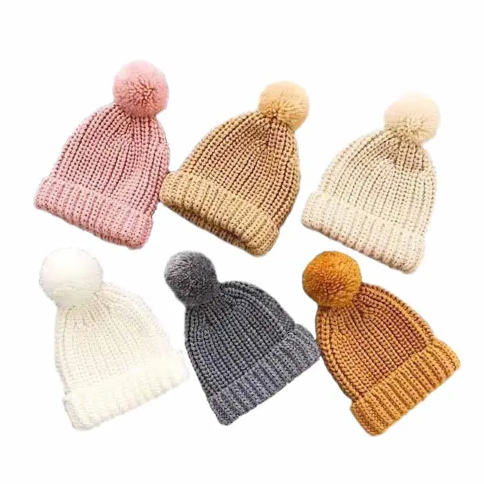 Bonnet blanc en tricot avec pompon pour enfants, jolis bonnets d'hiver, en acrylique, vente en gros,