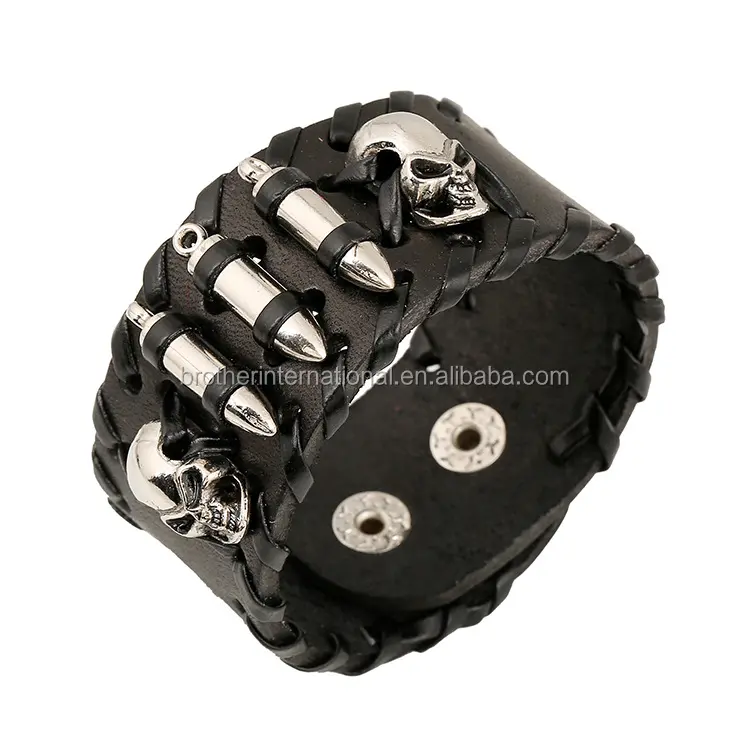 Neues Design Spike Metal Bullet Leder Manschette Armband mit Schädel kopf Punk Echt leder Armband