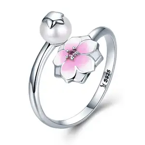 BAGREER SCR126 new design 2019 flower shaped pink beaded ring drop glaze sterling silver finger ring for women jewelry girls