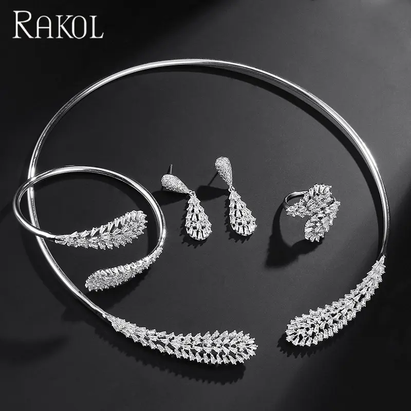 RAKOL S356 Pemasok Perhiasan Cina Dekorasi Vintage Perak Kerah Terbuka Kalung Zirkon Set Perhiasan