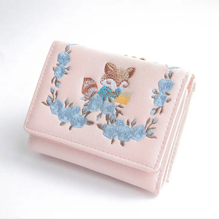 Fashion de moda cute PU Leather wallet with embroidery fox short style carteras for girls purse