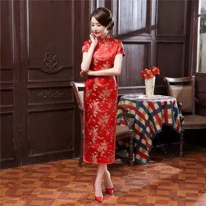 Gaun Tradisional Cina Wanita Satin Cheongsam Qipao Musim Panas Gaun Panjang Lengan Pendek