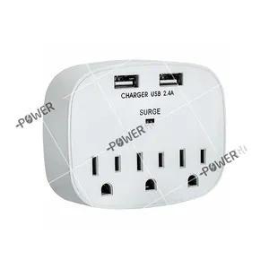 3-Outlet Mini Pelindung Lonjakan Listrik Adaptor Dinding Strip Daya dengan 2 Port USB Pengisi Daya Cepat 2.4 Joule 350