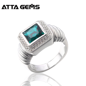 Business Simple Classic Style Created Green Princess Square Cut <strong>Emerald</strong> Nano Sterling <strong>Silver</strong> Engagement Bands or <strong>Rings</strong> for Men - Product Image 1