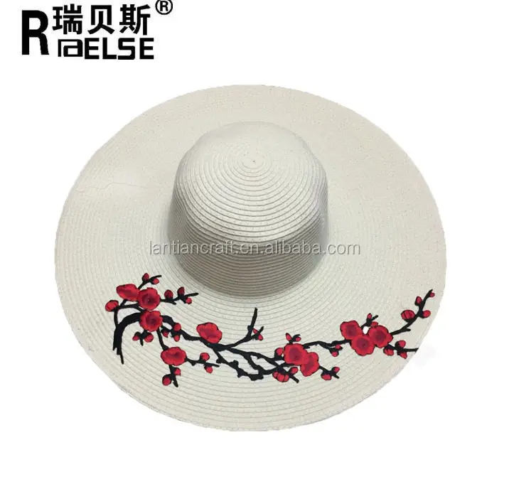 Wenling Floral Embroidered Ladies Large Brim Summer Floppy Straw Embroidered Hat