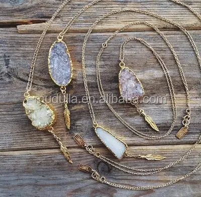 N15090406 Agate Druzy Jewelry 14 18k Gold Plated Chain Necklace Raw Druzy Stone Pendant Gold Filled Feather Charm Necklace