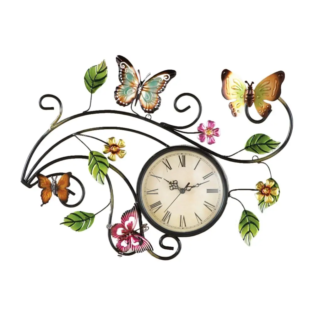 Metal Scrolling Butterfly Wall Clock Decoration 3D Wall Art Magnolia Blossoms Metal Home Wall Decoration Quartz Analog Colorful