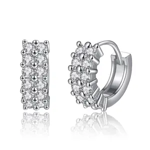 Hot Sale 925 Sterling Silver Womens Round Diamond Zirconia Earrings Oblong Double Row Hoop CZ Earrings