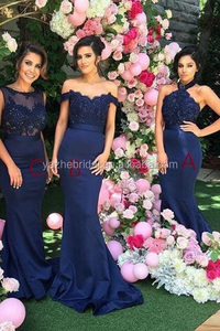 Abiti da Damigella Lunghi <span class=keywords><strong>Blu</strong></span> Navy con Pizzo Stile Sirena Spalle Scoperte in <span class=keywords><strong>Raso</strong></span> - Product Image 2