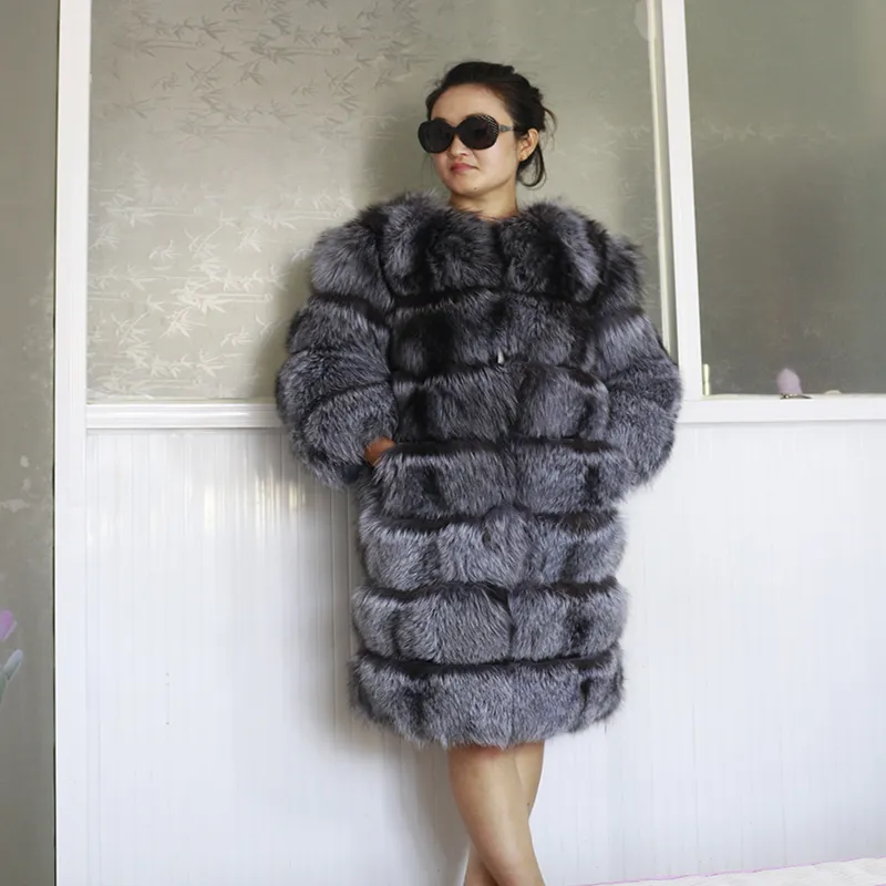 2016 Warm winter new design ladies long silver fox fur jacket real fur coat for women