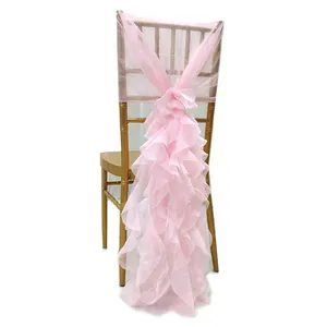 Saia para cadeira de casamento, capa de chiffon encaracolada longa cadeira com faixas para festa decoração de casamento