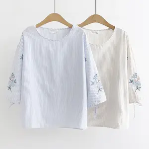 Hign-End Vrouwen Mode Gestreepte Blouse O-hals Borduren Blouse Drie Kwart Mouw Lady Casual Losse Tops Gratis Grootte Shirts